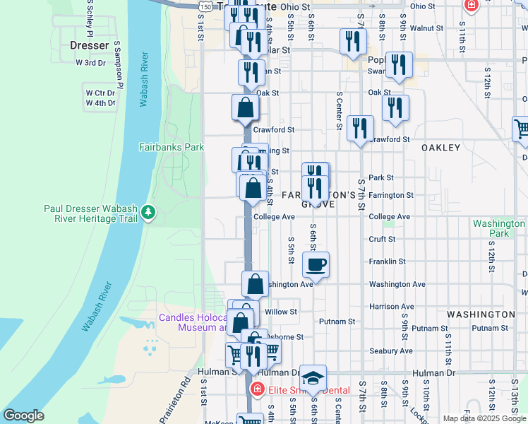 map of restaurants, bars, coffee shops, grocery stores, and more near 1010 South 4th Street in Terre Haute