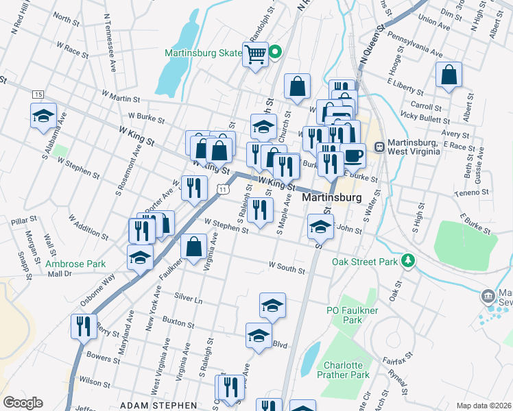 map of restaurants, bars, coffee shops, grocery stores, and more near 416 West John Street in Martinsburg