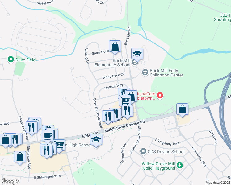 map of restaurants, bars, coffee shops, grocery stores, and more near 118 Mallard Way in Middletown