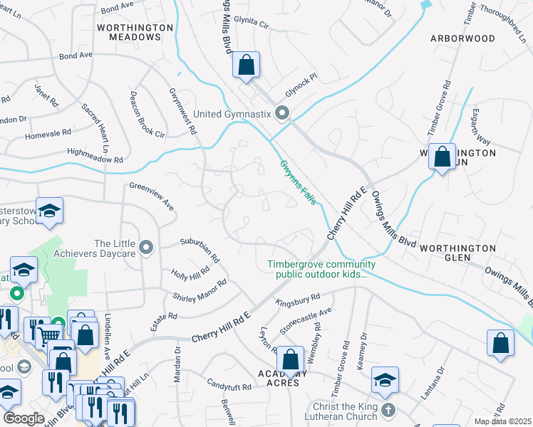 map of restaurants, bars, coffee shops, grocery stores, and more near 29 Squire Court in Reisterstown
