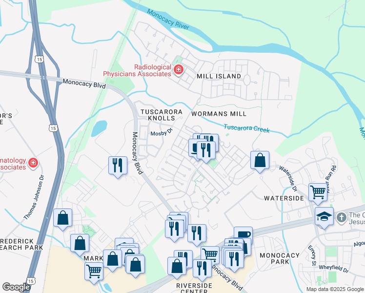 map of restaurants, bars, coffee shops, grocery stores, and more near 2204 Garden Lane in Frederick