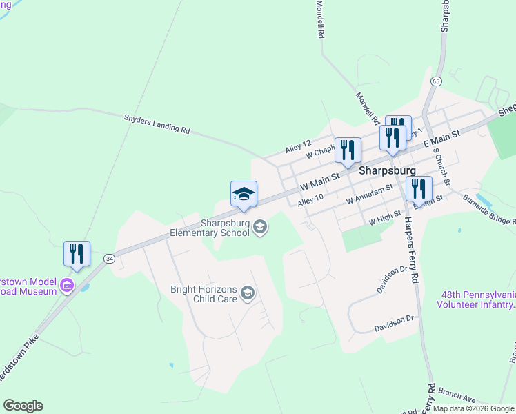 map of restaurants, bars, coffee shops, grocery stores, and more near 330 Maryland 34 in Sharpsburg