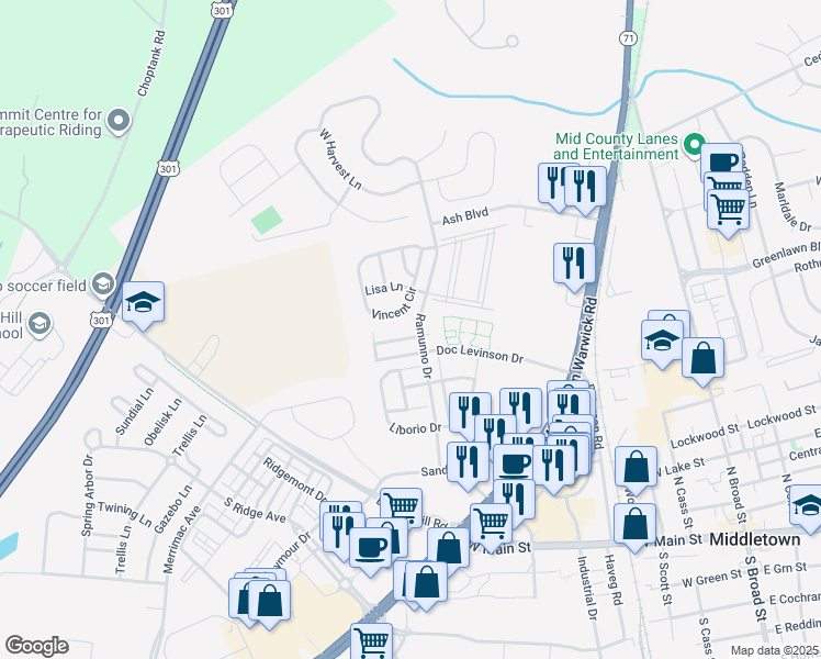map of restaurants, bars, coffee shops, grocery stores, and more near 104 Rosie Drive in Middletown