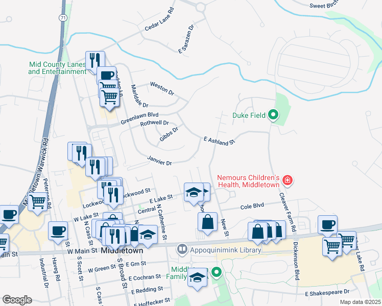 map of restaurants, bars, coffee shops, grocery stores, and more near 668 Warren Drive in Middletown