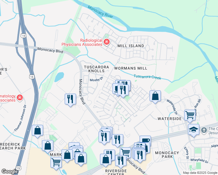 map of restaurants, bars, coffee shops, grocery stores, and more near 2204 Garden Lane in Frederick