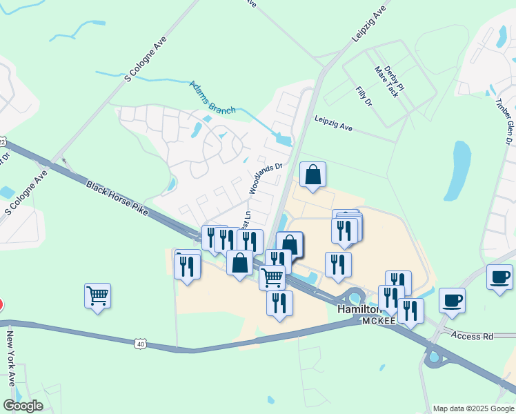 map of restaurants, bars, coffee shops, grocery stores, and more near 2501 Oleander Court in Hamilton