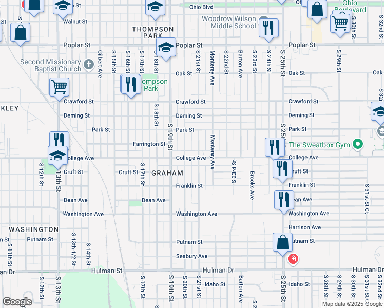 map of restaurants, bars, coffee shops, grocery stores, and more near 1010 South 20th Street in Terre Haute