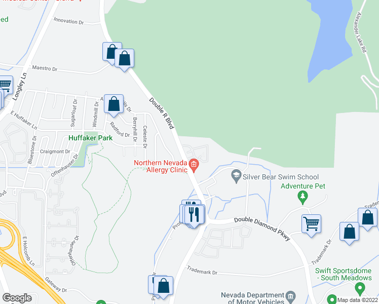 map of restaurants, bars, coffee shops, grocery stores, and more near 9050 Double R Boulevard in Reno