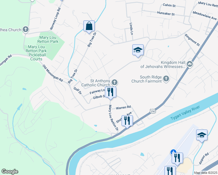map of restaurants, bars, coffee shops, grocery stores, and more near 1667 Mary Lou Retton Drive in Fairmont
