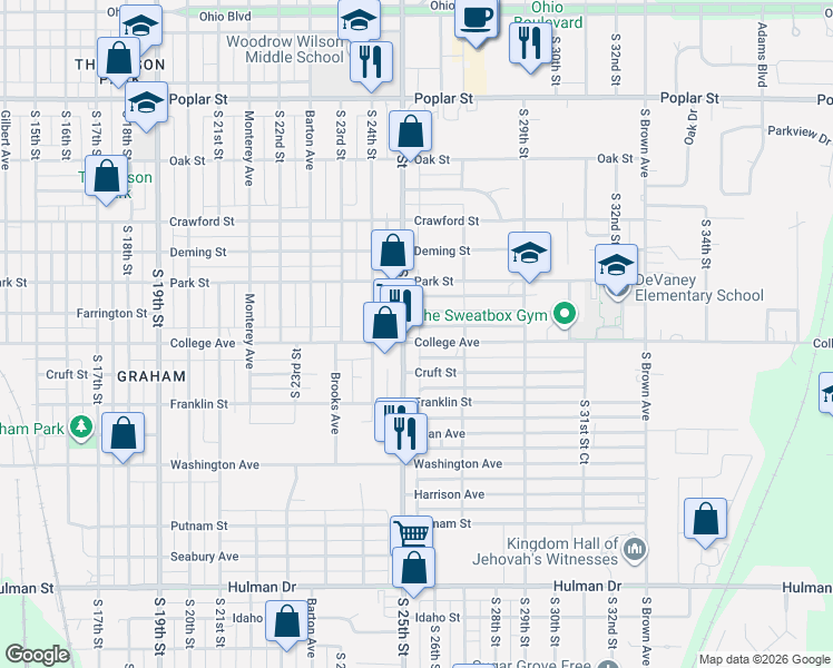 map of restaurants, bars, coffee shops, grocery stores, and more near 2516 College Avenue in Terre Haute