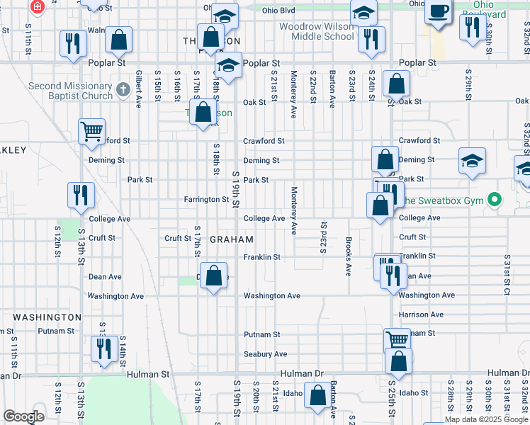 map of restaurants, bars, coffee shops, grocery stores, and more near 1010 South 20th Street in Terre Haute