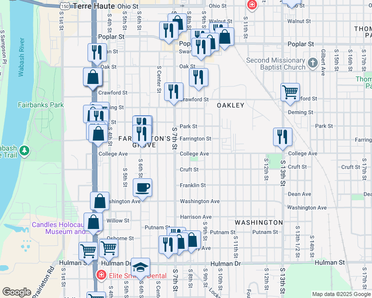 map of restaurants, bars, coffee shops, grocery stores, and more near in Terre Haute