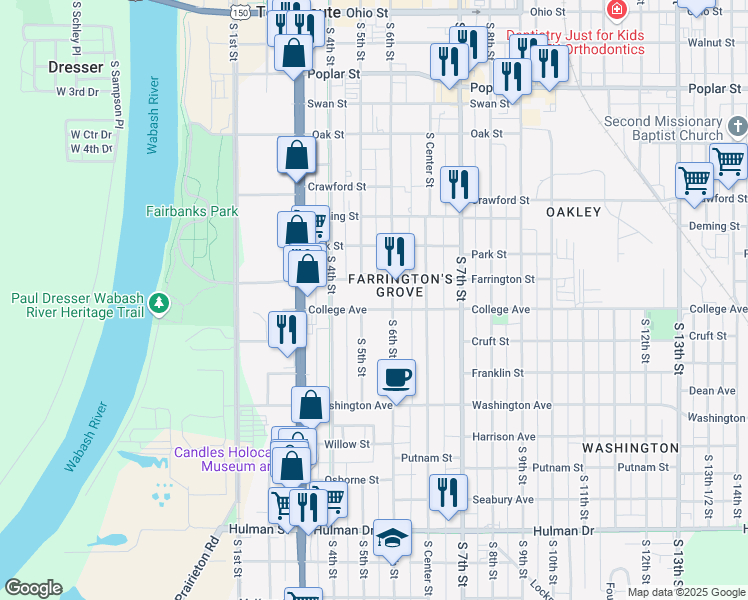 map of restaurants, bars, coffee shops, grocery stores, and more near 500 College Avenue in Terre Haute