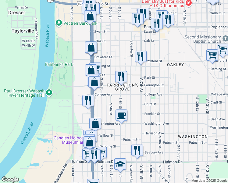 map of restaurants, bars, coffee shops, grocery stores, and more near 500 College Avenue in Terre Haute