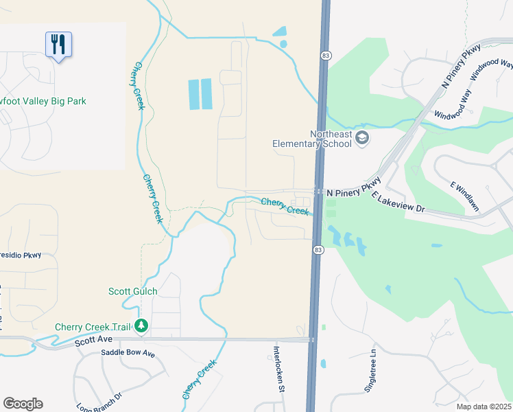 map of restaurants, bars, coffee shops, grocery stores, and more near 6601 Pinery Villa Place in Parker