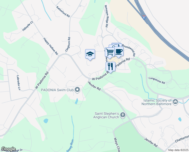 map of restaurants, bars, coffee shops, grocery stores, and more near 661 Straffan Drive in Timonium