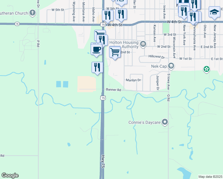 map of restaurants, bars, coffee shops, grocery stores, and more near Banner Road in Holton