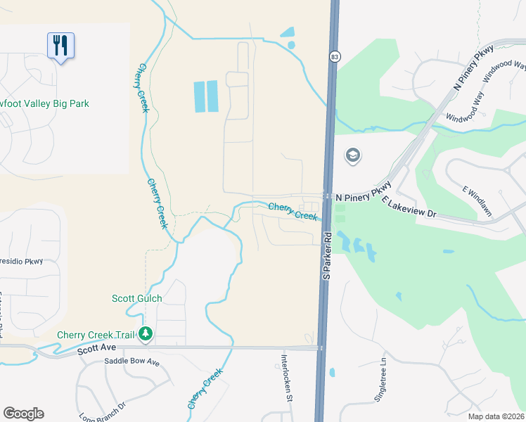 map of restaurants, bars, coffee shops, grocery stores, and more near 6601 Pinery Villa Place in Parker