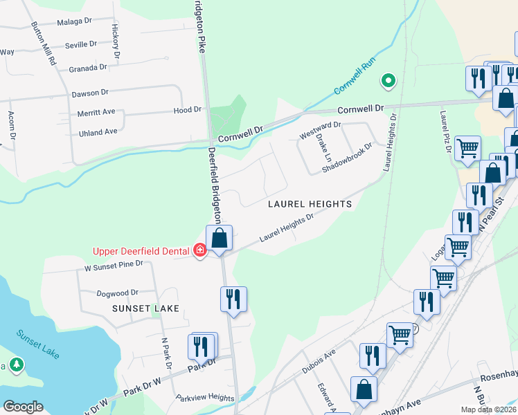 map of restaurants, bars, coffee shops, grocery stores, and more near 33 Roberts Avenue in Bridgeton