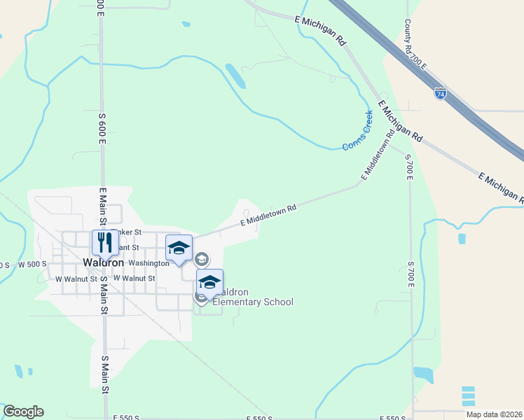 map of restaurants, bars, coffee shops, grocery stores, and more near 6556 East Middletown Road in Waldron