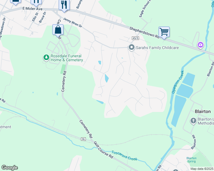 map of restaurants, bars, coffee shops, grocery stores, and more near 52 Day Lily Court in Martinsburg