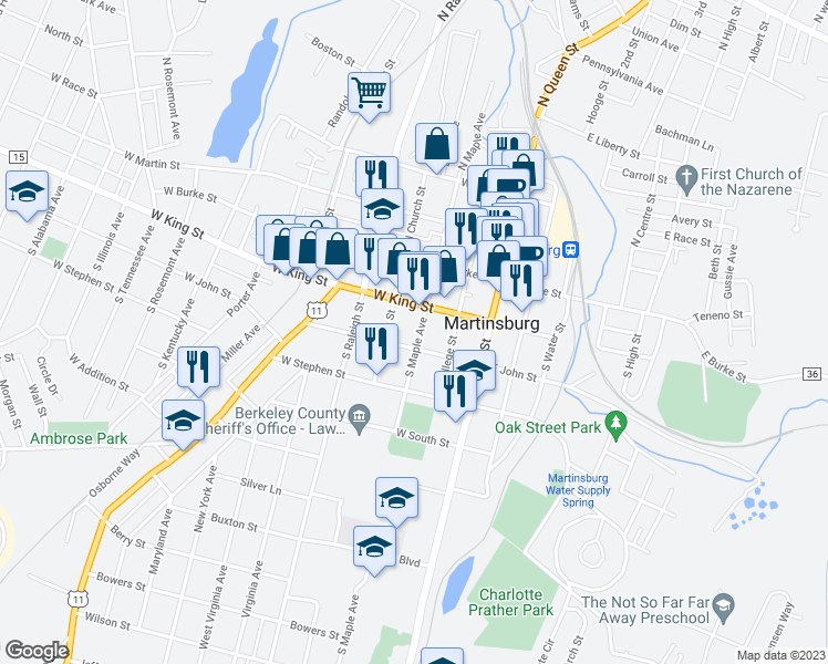 map of restaurants, bars, coffee shops, grocery stores, and more near 217 South Maple Avenue in Martinsburg