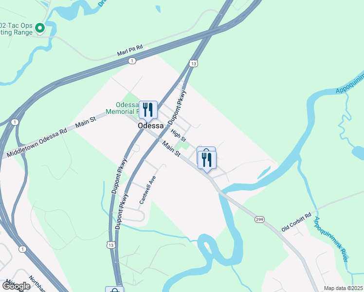 map of restaurants, bars, coffee shops, grocery stores, and more near 315 Main Street in Odessa