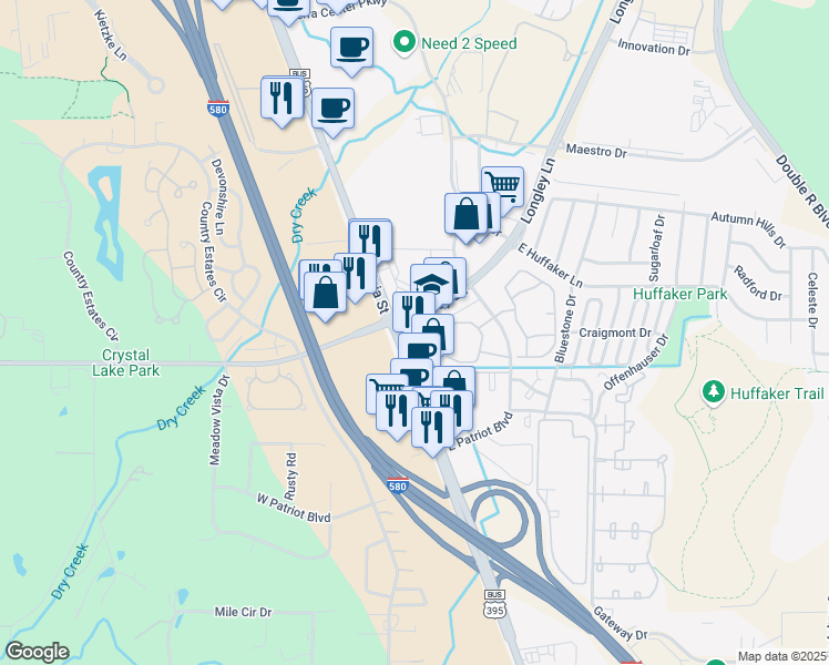 map of restaurants, bars, coffee shops, grocery stores, and more near 7540 Longley Lane in Reno