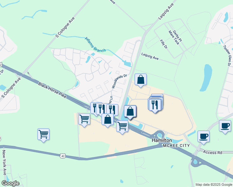 map of restaurants, bars, coffee shops, grocery stores, and more near 2505 Oleander Court in Hamilton