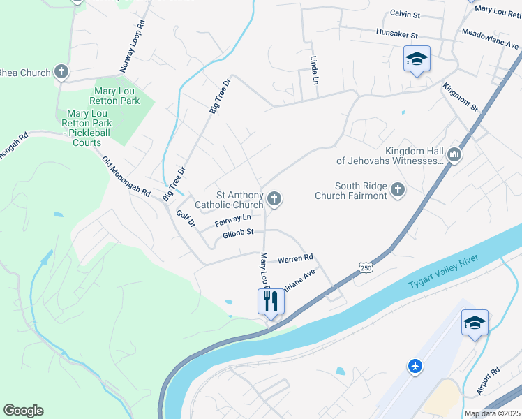 map of restaurants, bars, coffee shops, grocery stores, and more near 1667 Mary Lou Retton Drive in Fairmont