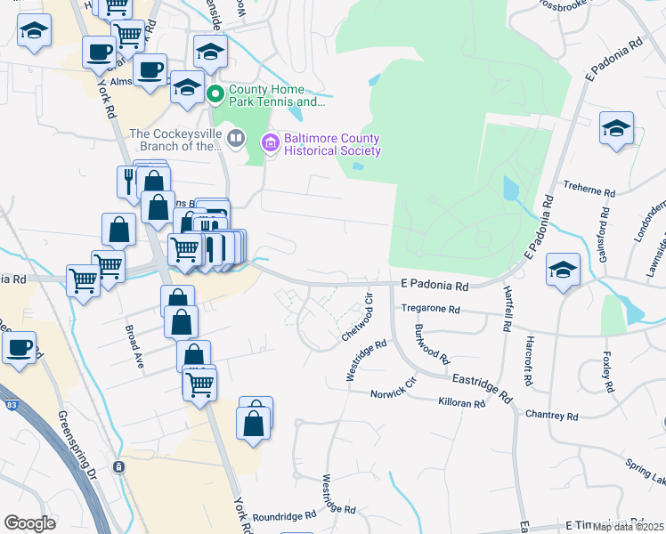 map of restaurants, bars, coffee shops, grocery stores, and more near 86 East Padonia Road in Lutherville-Timonium