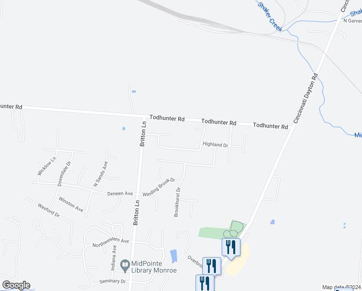 map of restaurants, bars, coffee shops, grocery stores, and more near 150 Brittony Woods Drive in Monroe
