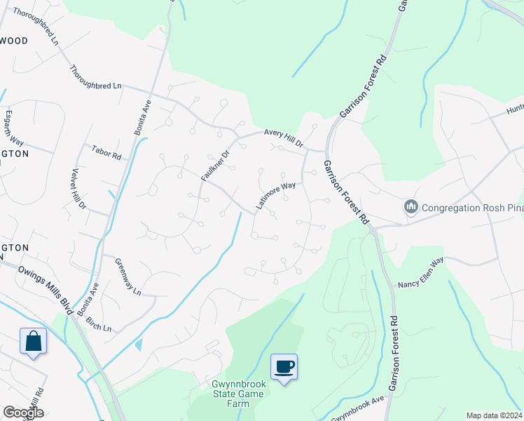 map of restaurants, bars, coffee shops, grocery stores, and more near 27 Latimore Way in Owings Mills