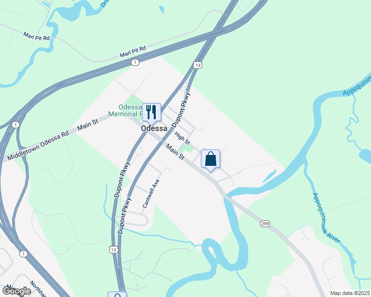 map of restaurants, bars, coffee shops, grocery stores, and more near 315 Main Street in Odessa