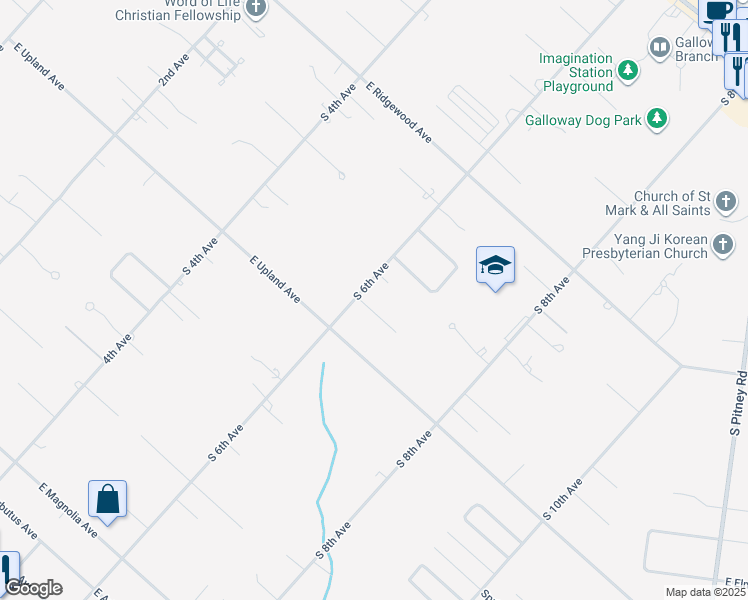 map of restaurants, bars, coffee shops, grocery stores, and more near 303 South Cambridge Court in Galloway