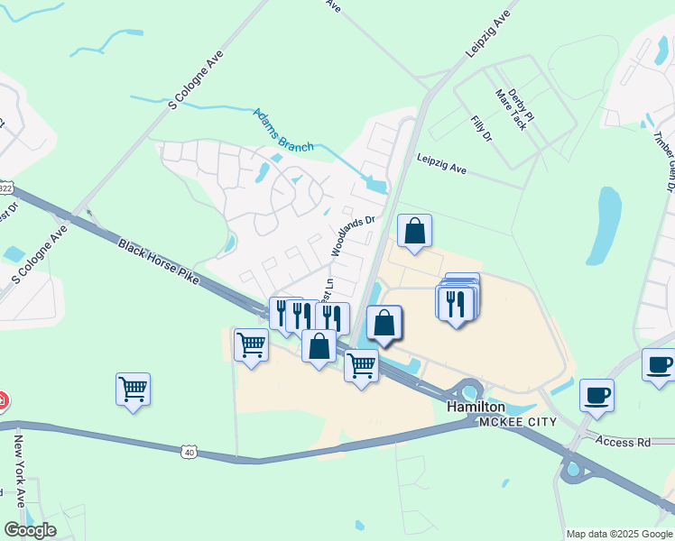 map of restaurants, bars, coffee shops, grocery stores, and more near 2501 Oleander Court in Hamilton