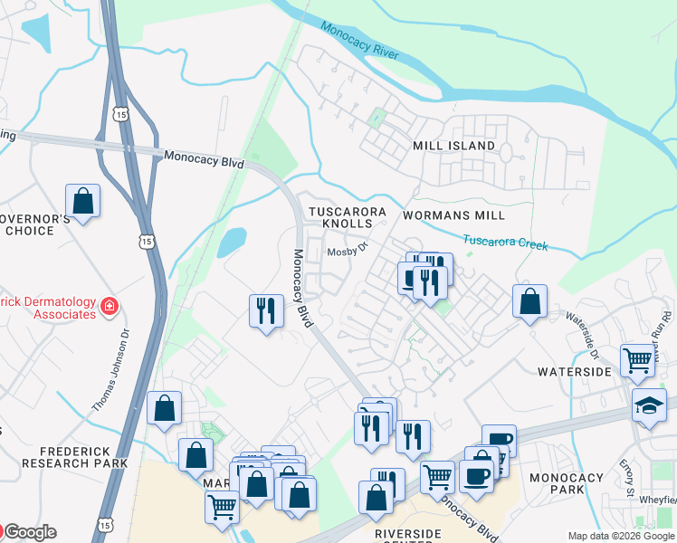 map of restaurants, bars, coffee shops, grocery stores, and more near 919 Halleck Drive in Frederick