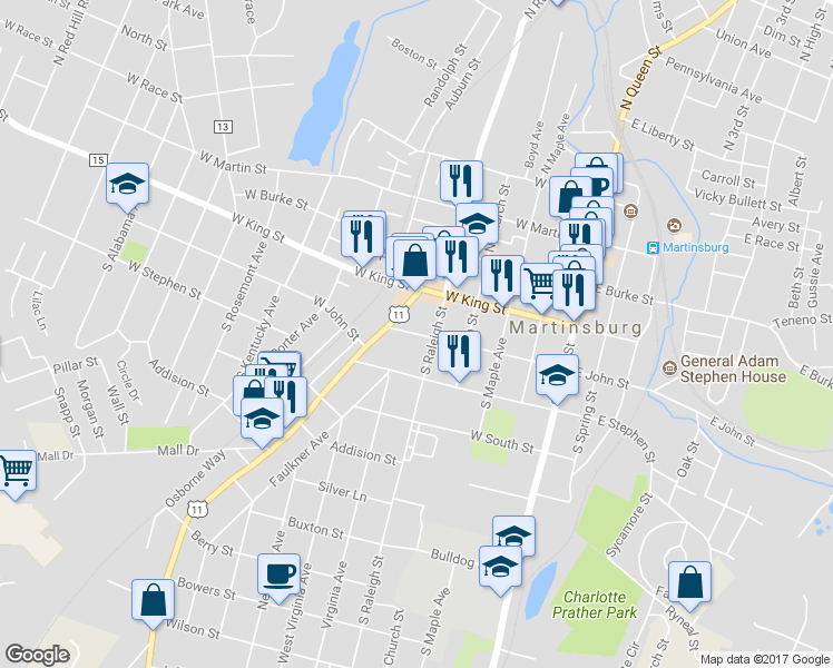 map of restaurants, bars, coffee shops, grocery stores, and more near 513 West John Street in Martinsburg
