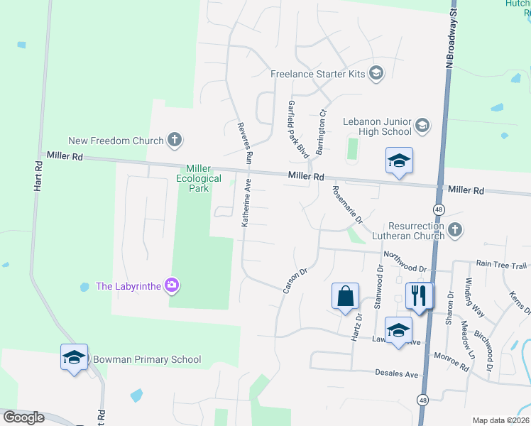 map of restaurants, bars, coffee shops, grocery stores, and more near 413 Julie Court in Lebanon