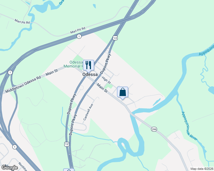map of restaurants, bars, coffee shops, grocery stores, and more near 315 Main Street in Odessa