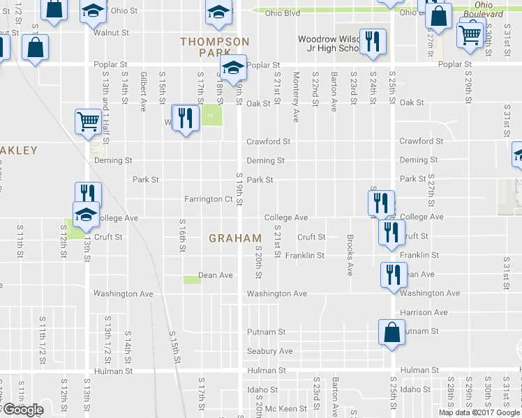 map of restaurants, bars, coffee shops, grocery stores, and more near 1010 South 20th Street in Terre Haute