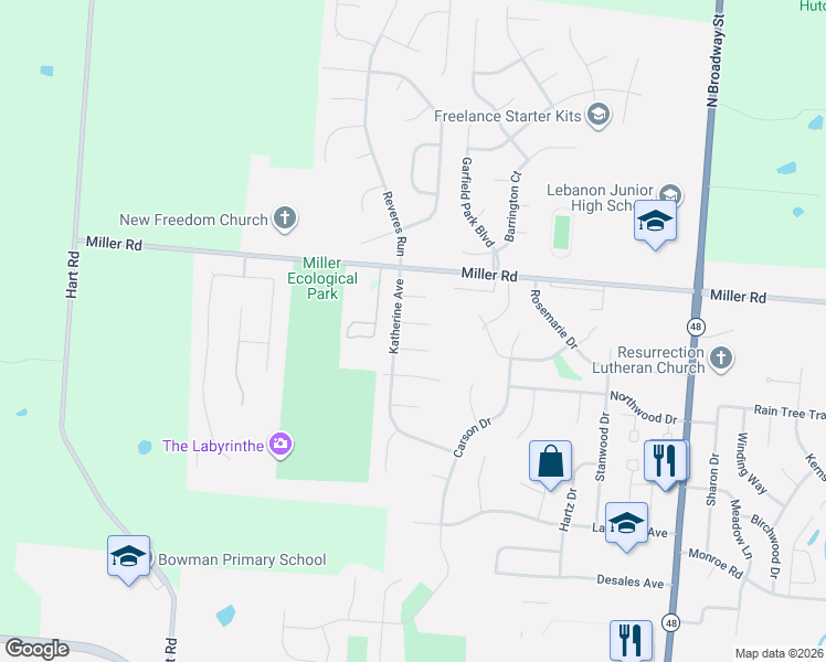 map of restaurants, bars, coffee shops, grocery stores, and more near 413 Julie Court in Lebanon