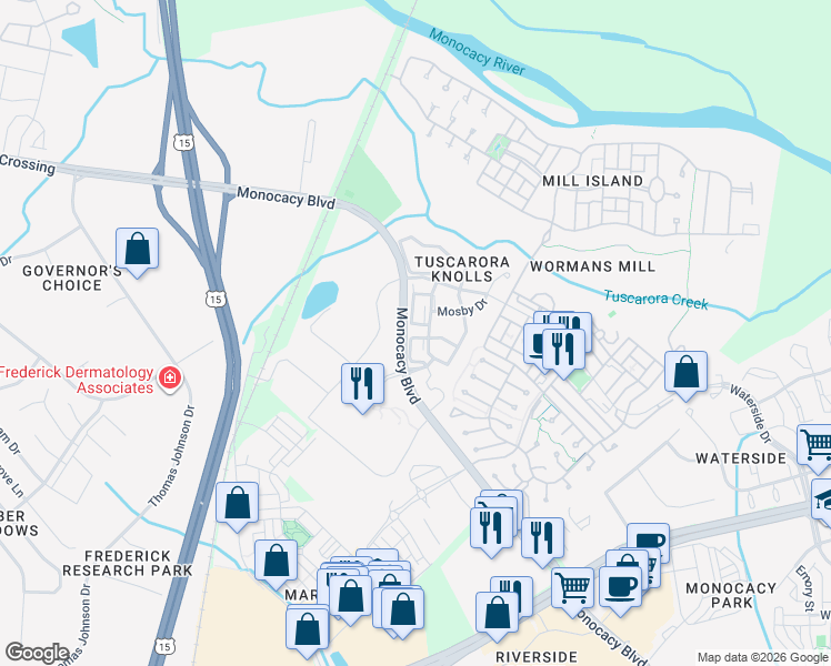 map of restaurants, bars, coffee shops, grocery stores, and more near 2623 North Everly Drive in Frederick