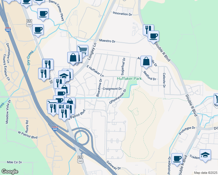 map of restaurants, bars, coffee shops, grocery stores, and more near 890 Craigmont Drive in Reno