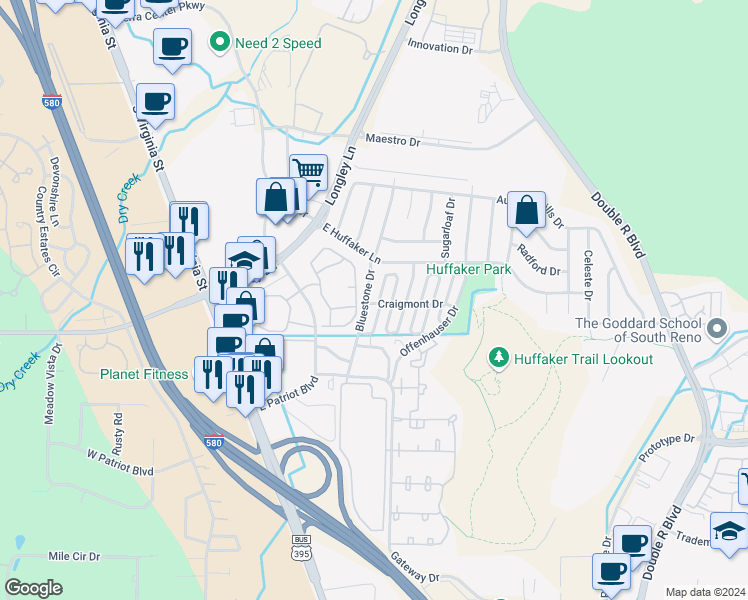 map of restaurants, bars, coffee shops, grocery stores, and more near 810 Craigmont Drive in Reno