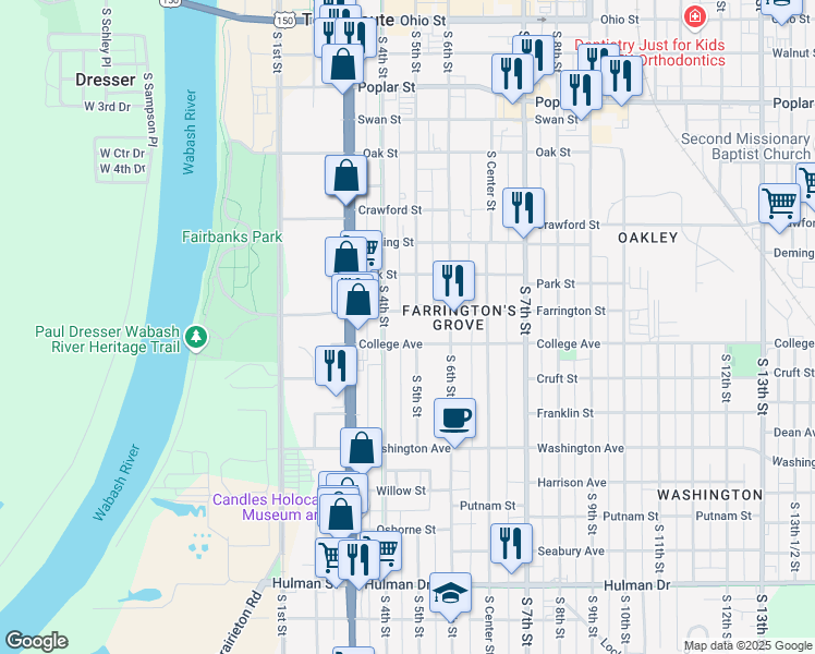 map of restaurants, bars, coffee shops, grocery stores, and more near 500 College Avenue in Terre Haute