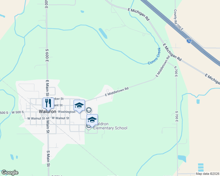 map of restaurants, bars, coffee shops, grocery stores, and more near 6556 East Middletown Road in Waldron