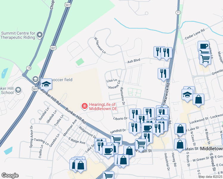 map of restaurants, bars, coffee shops, grocery stores, and more near 242 Vincent Circle in Middletown