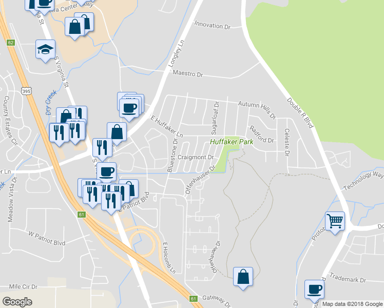 map of restaurants, bars, coffee shops, grocery stores, and more near 7591 Rhinestone Drive in Reno