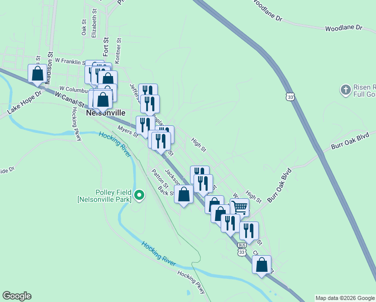 map of restaurants, bars, coffee shops, grocery stores, and more near 513 Poplar Street in Nelsonville